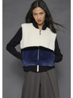 Triple Thread Zip Up Fur Sweater Jacket In Slate Combo